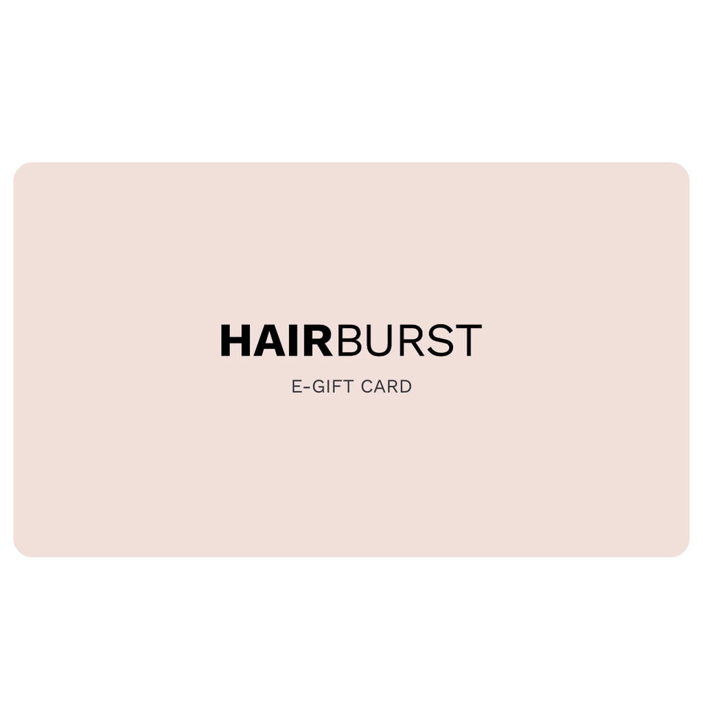 Pink e-gift card with 'HAIRBURST' branding on a white background